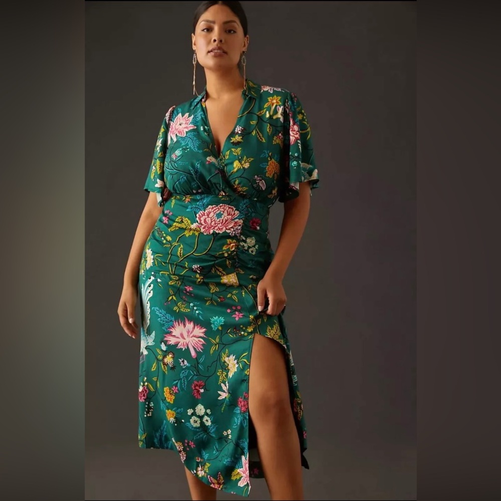 Maeve Anthropologie Green Floral Buttonfront Midi Dress